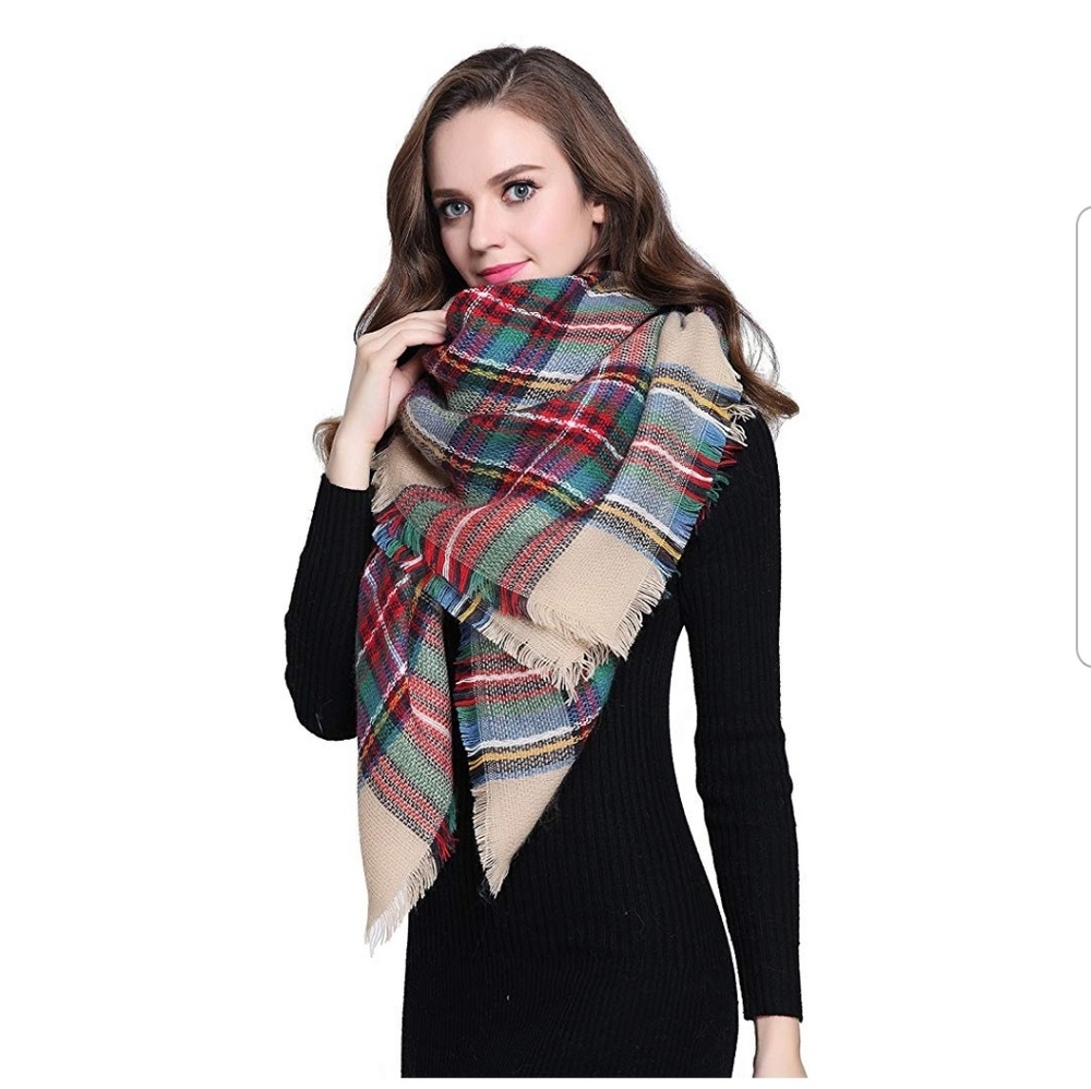 Buttons and Pleats Women Plaid Blanket Shawl Scarf